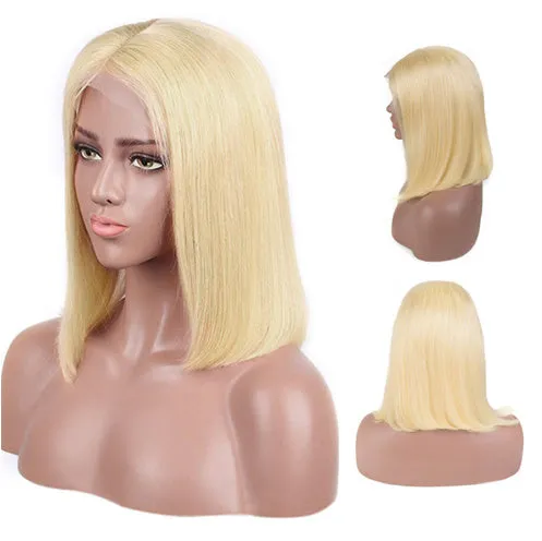 613 blonde straight human hair bob wig with T part on a mannequin head