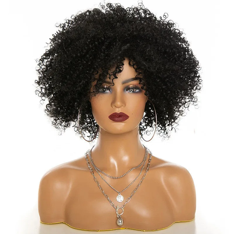 Afro kinky curly wig with oblique bangs in black colour for ladies