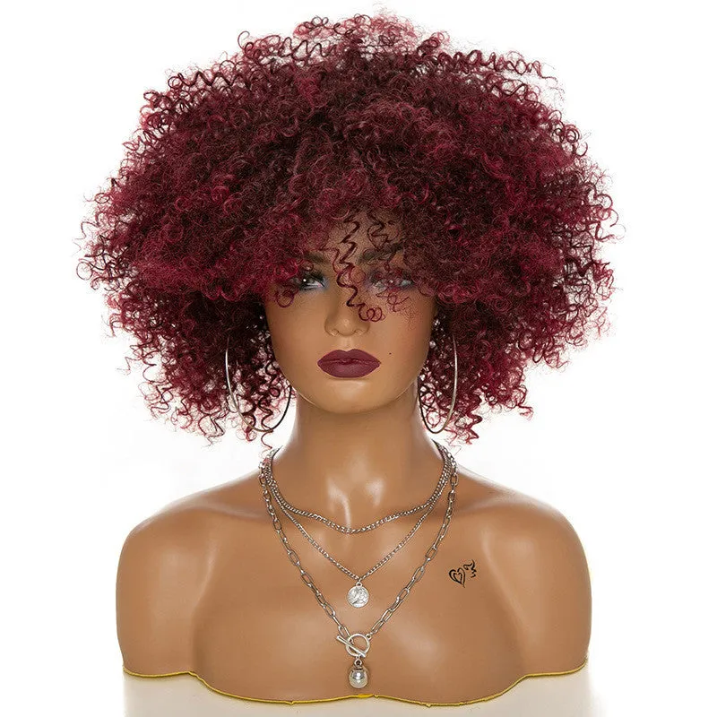 Afro kinky curly wig with oblique bangs in black colour for ladies
