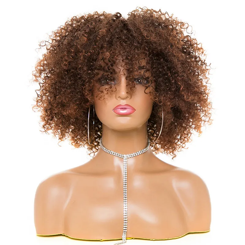 Afro kinky curly wig with oblique bangs in black colour for ladies