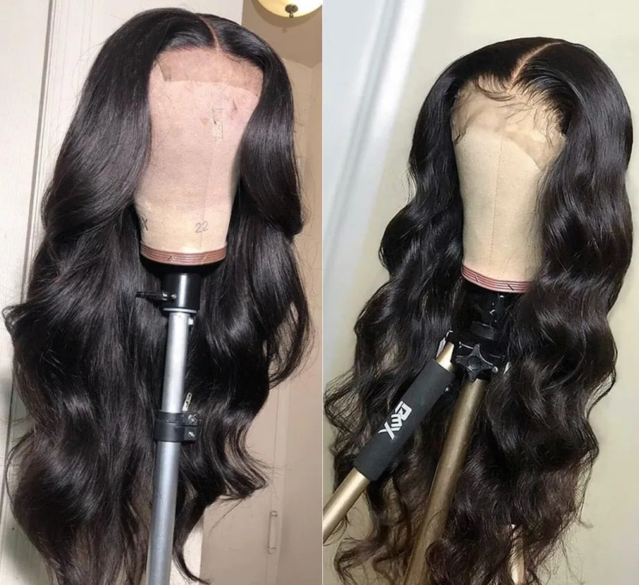 Body wave lace front wig with 13x4 lace closure, real human hair, medium length body wave style