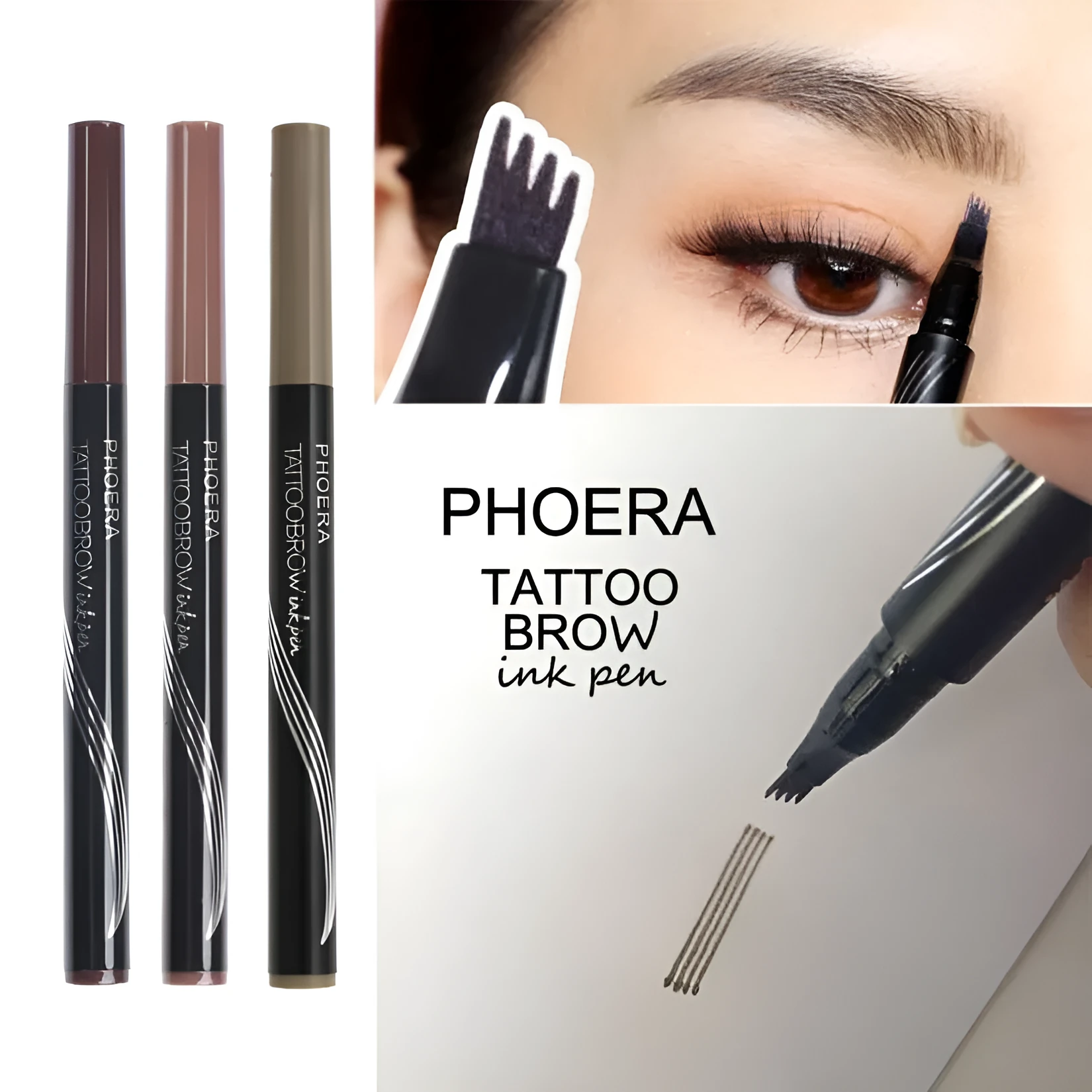 Ultra-fine four-comb waterproof eyebrow pencil in Blonde, Brown, and Brunette with compact 13g size