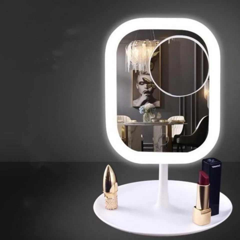 Desktop mirror with fill light and five times lens on a bathroom vanity countertop