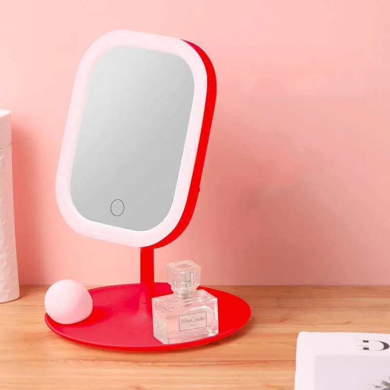 Desktop mirror with fill light and five times lens on a bathroom vanity countertop