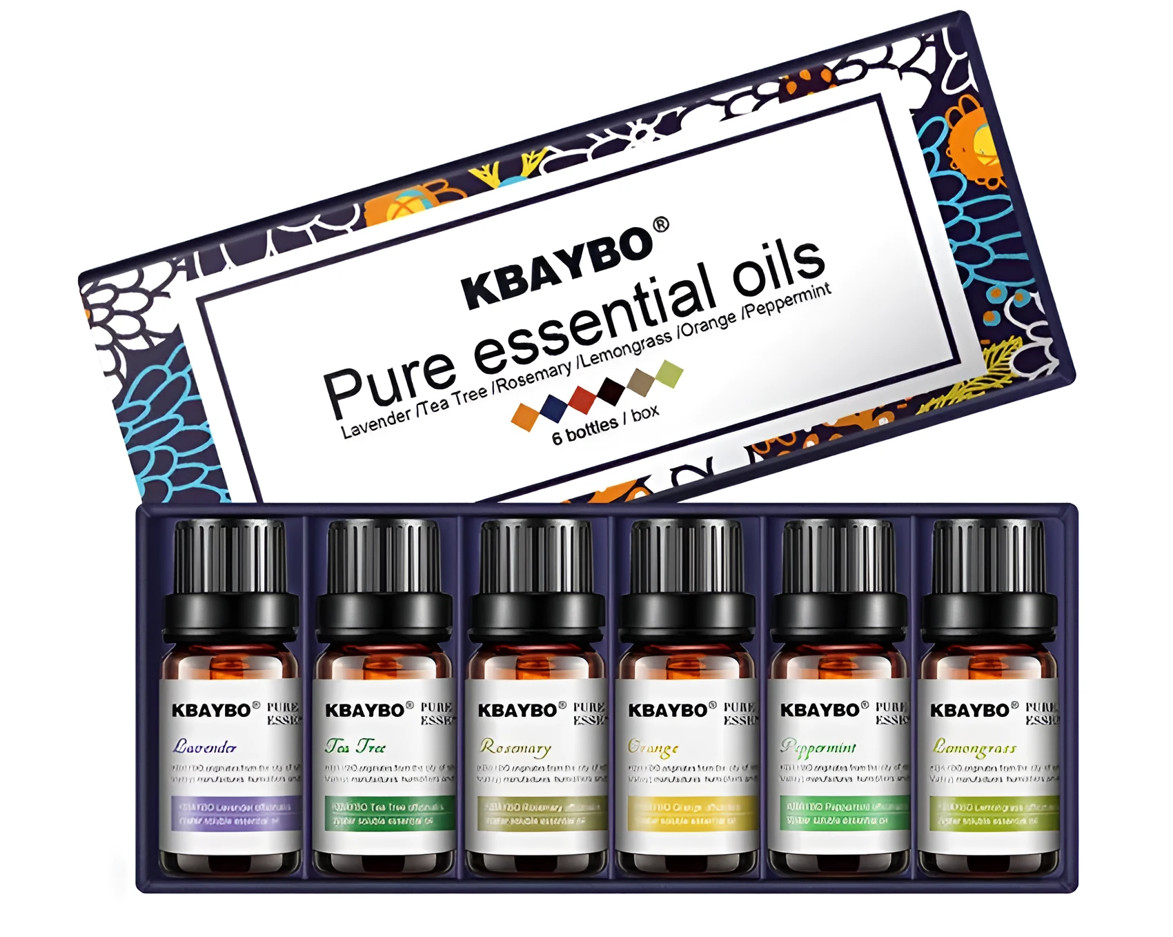 Six 10ml essential oil bottles lavender lemongrass tea tree peppermint rosemary orange for aromatherapy