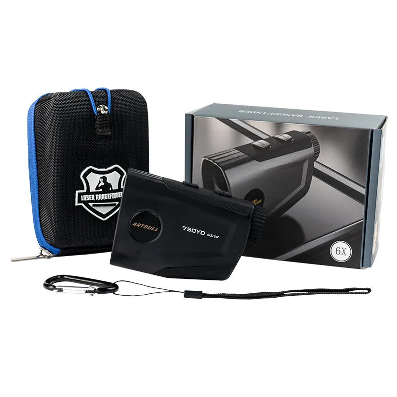 Golf laser rangefinder with LCD display showing distance measurement and slope adjustment