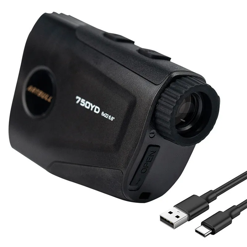 Golf laser rangefinder with LCD display showing distance measurement and slope adjustment