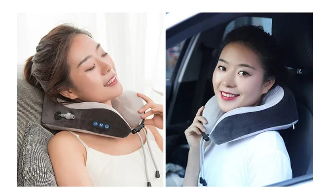 Electric neck massager U shaped pillow with memory foam, USB rechargeable, blue and grey colours