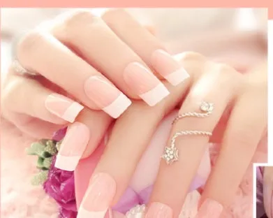 Set of finished French long fake nail patches in light pink, rose red, and white