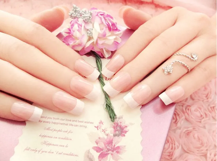 Set of finished French long fake nail patches in light pink, rose red, and white