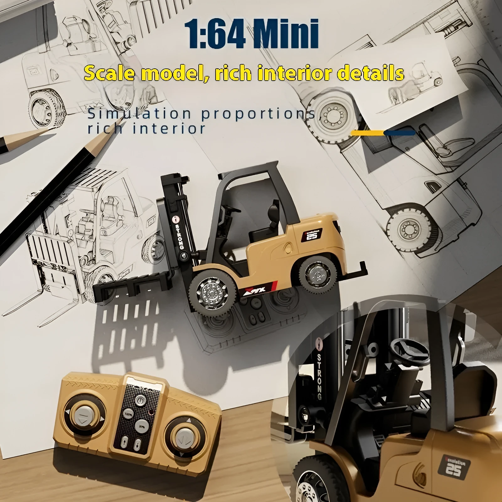 Mini blue alloy forklift remote control toy with cargo pallet and hook on a white background.