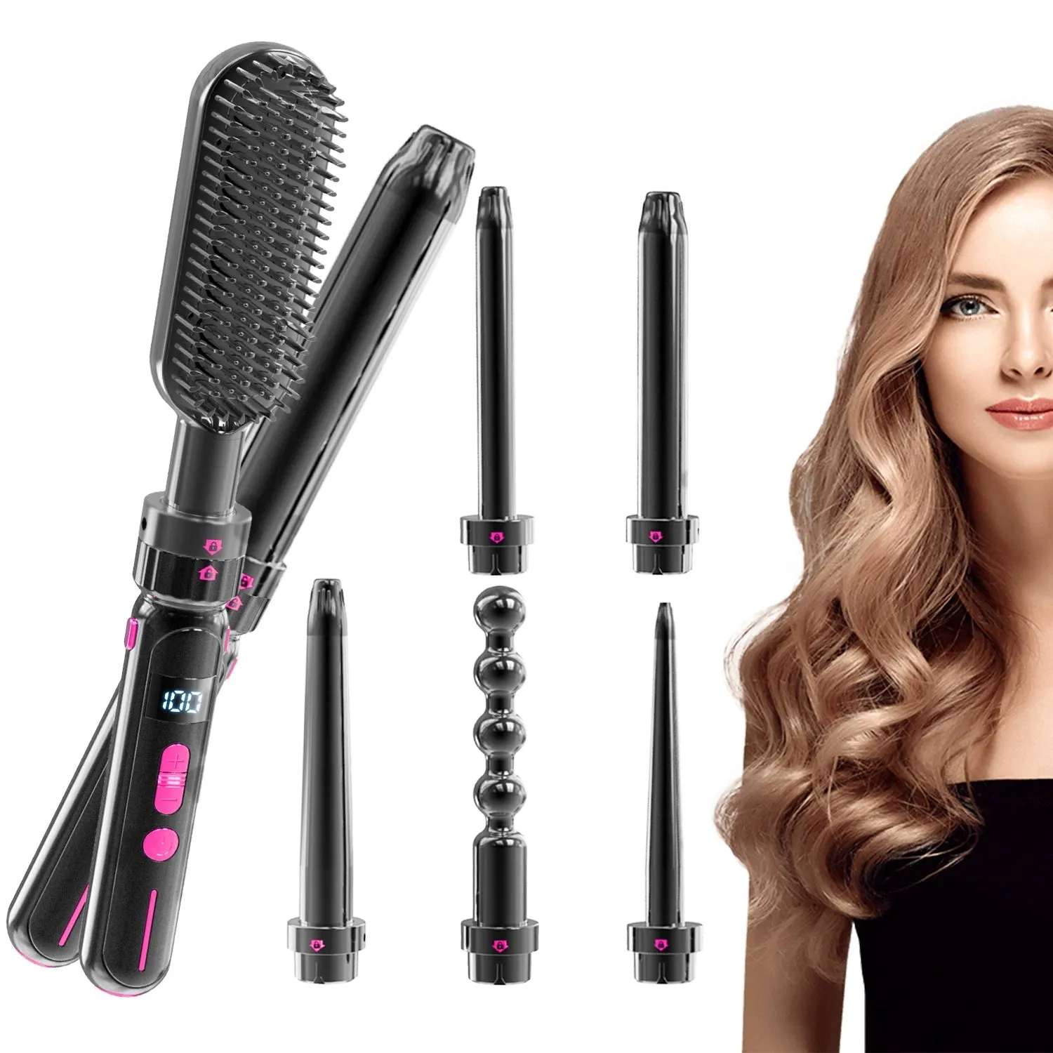 Black ceramic curly hair sticks with dual-purpose roll and straight function, 21-30mm diameter, spray coating shell