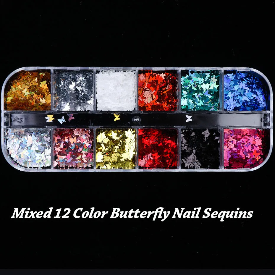 Symphony butterfly sequin nail decoration in mixed glitter colours on 12 grids