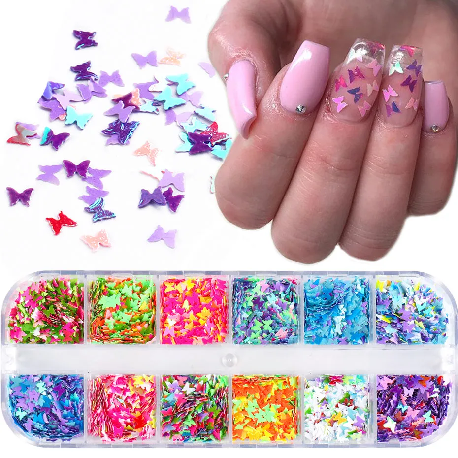 Symphony butterfly sequin nail decoration in mixed glitter colours on 12 grids