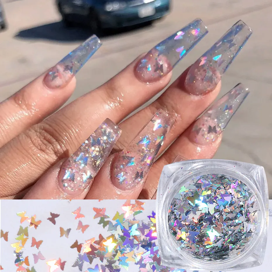 Symphony butterfly sequin nail decoration in mixed glitter colours on 12 grids