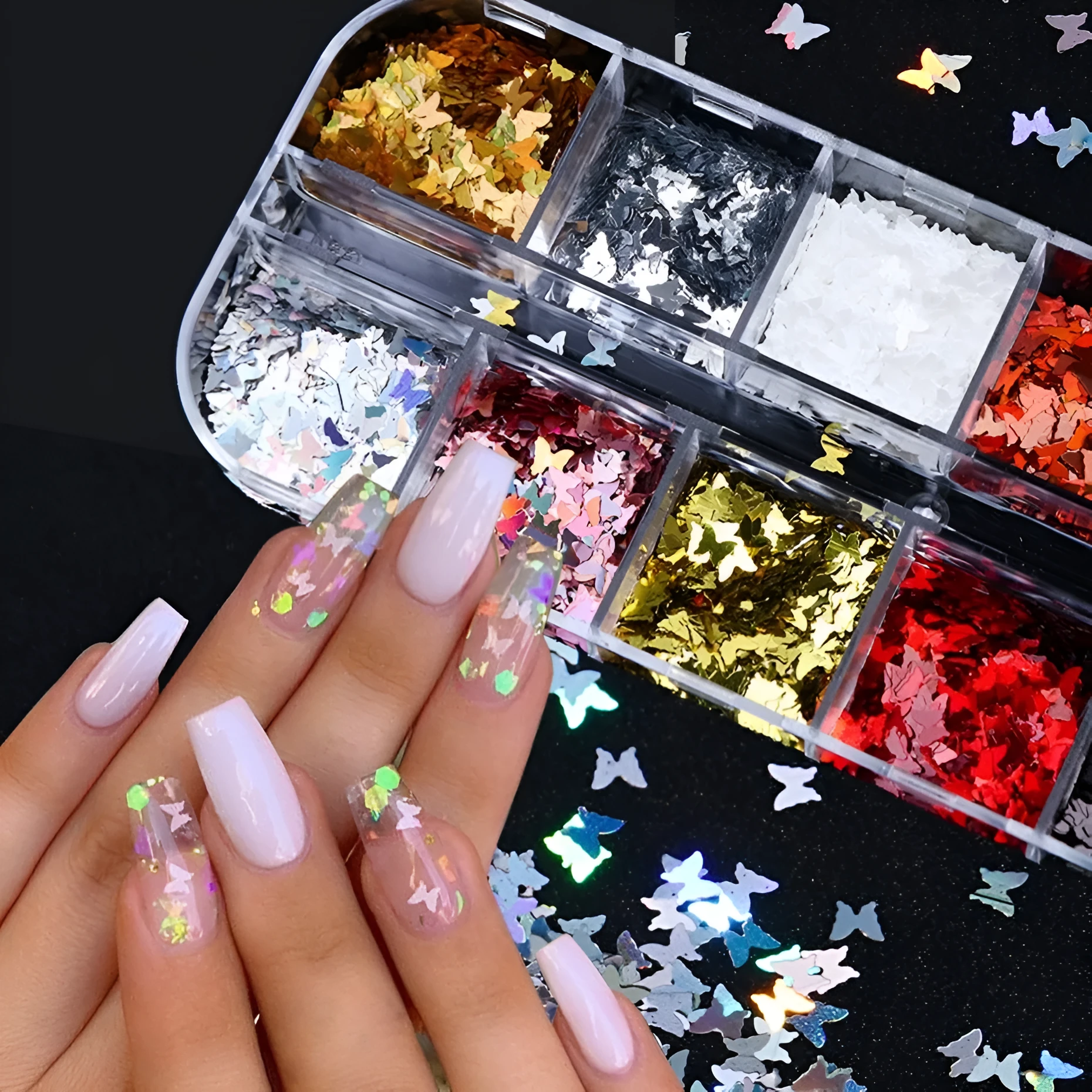 Symphony butterfly sequin nail decoration in mixed glitter colours on 12 grids