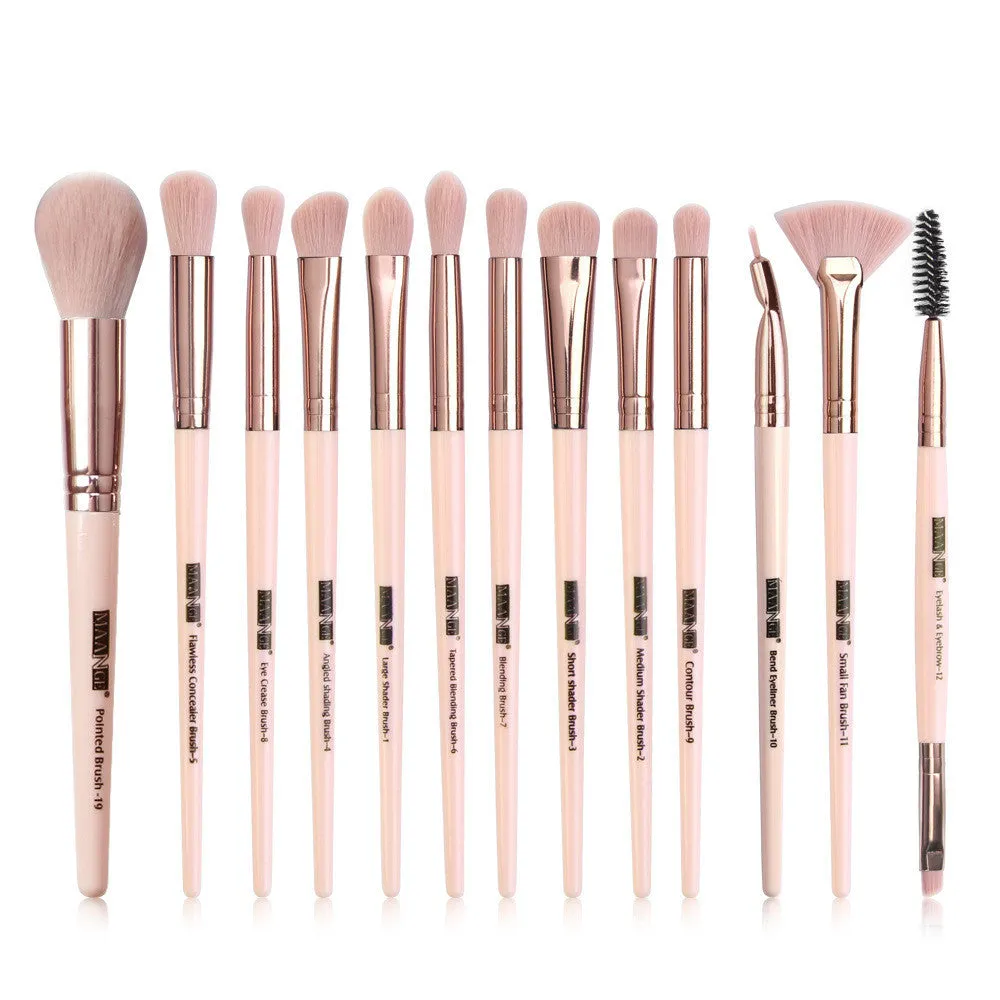 13 piece eye makeup brush set with corrugated silk nylon bristles and portable plastic handles in rose gold colour