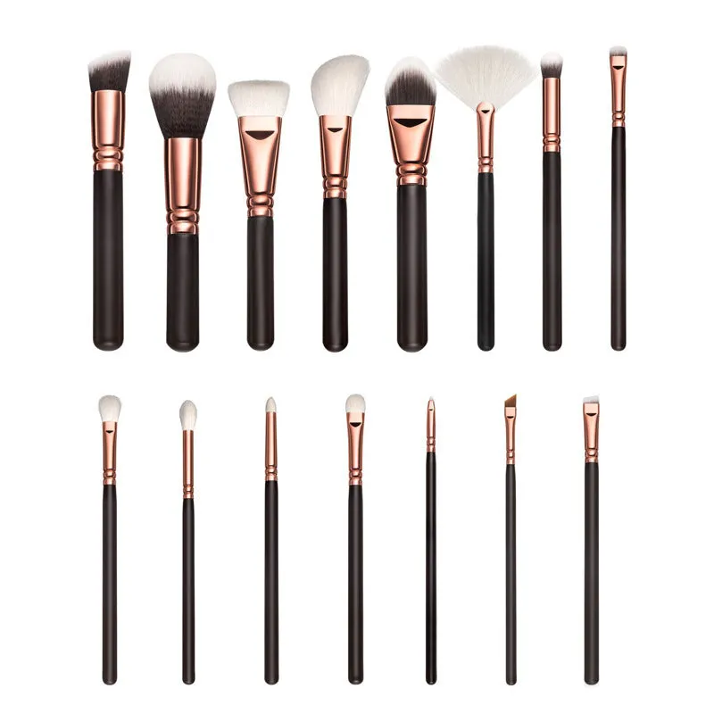 15-piece makeup brush set with corrugated silk nylon wool bristles, wooden handle, in black colour option