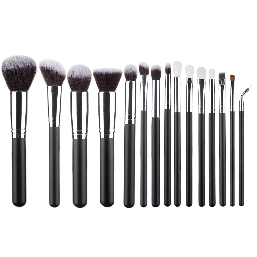 15-piece makeup brush set with corrugated silk nylon wool bristles, wooden handle, in black colour option