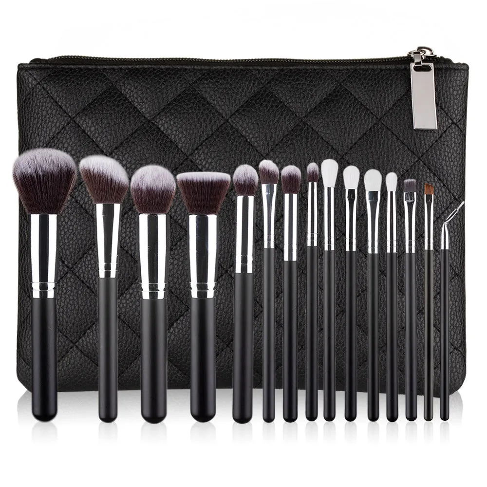 15-piece makeup brush set with corrugated silk nylon wool bristles, wooden handle, in black colour option