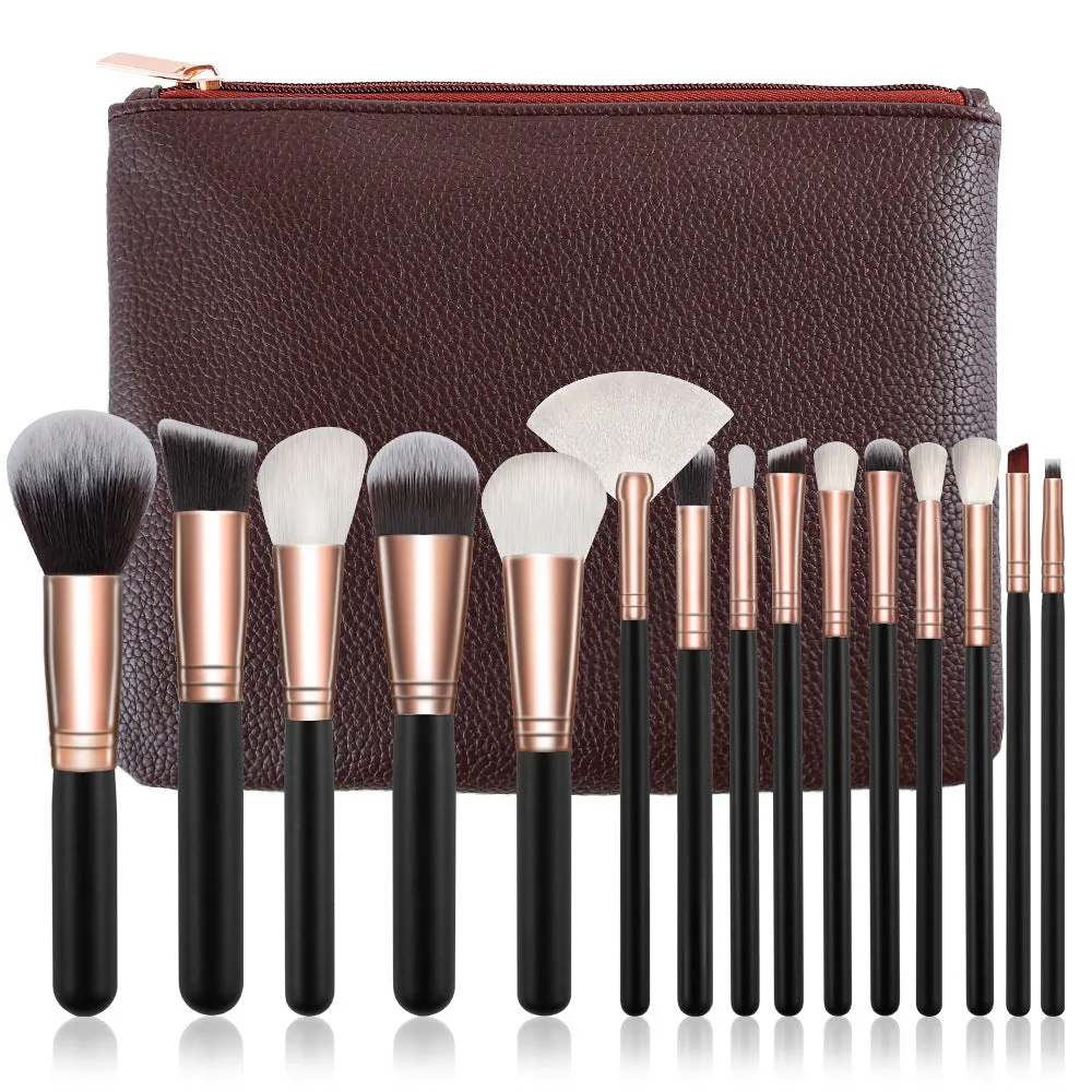 15-piece makeup brush set with corrugated silk nylon wool bristles, wooden handle, in black colour option