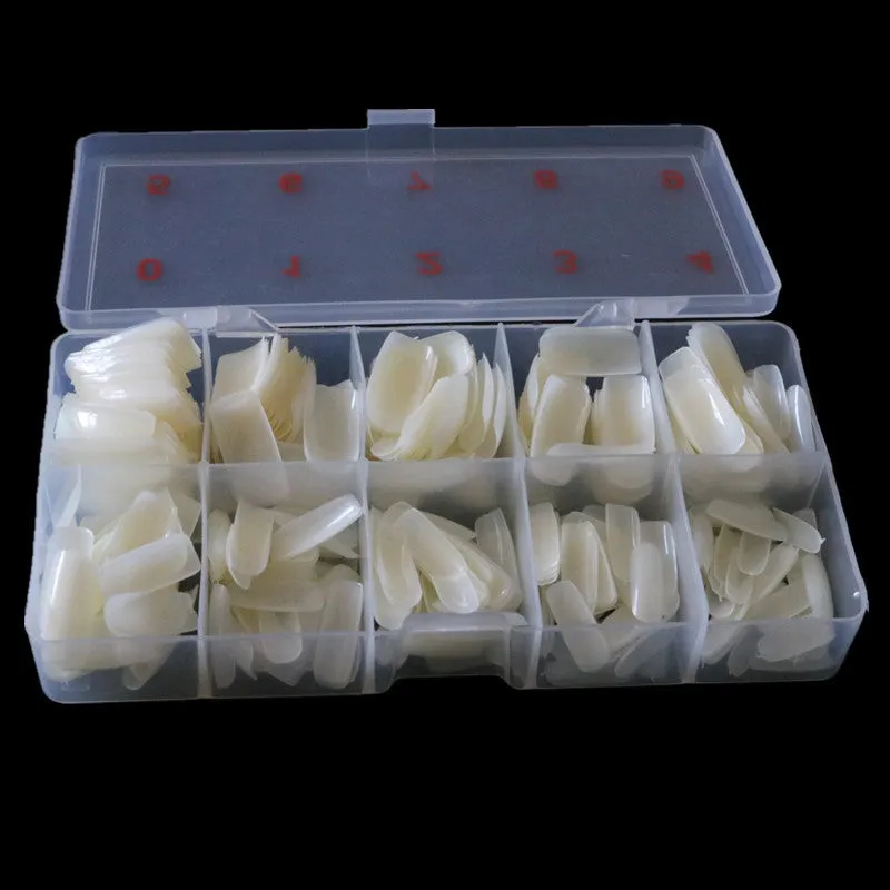 500-piece nail armour box with transparent, natural, and white fake nail pieces