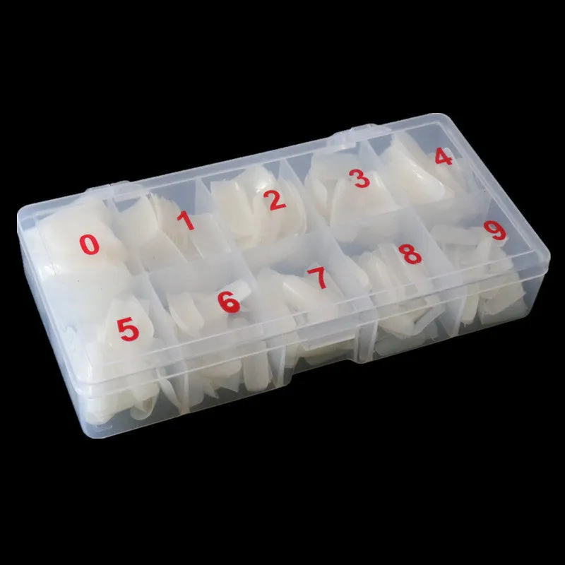 500-piece nail armour box with transparent, natural, and white fake nail pieces
