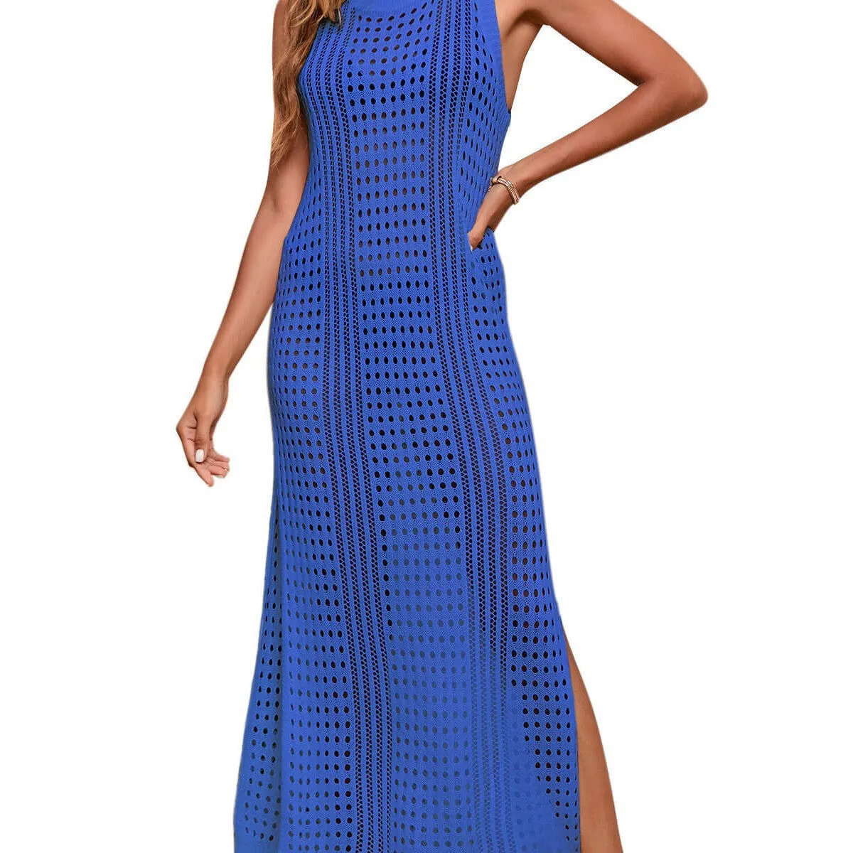 Women's long loose beach blouse in cotton blend hollow-out knitted fabric for swimming and wading