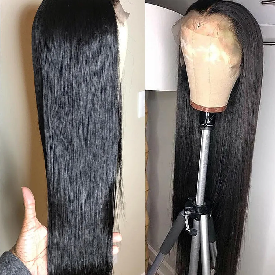 Black long straight chemical fibre wig on stand natural mechanism finish