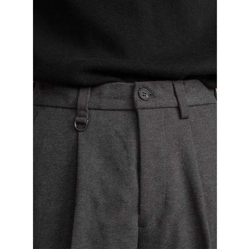 Men's straight-leg casual trousers in black with a draped design detail on the leg.