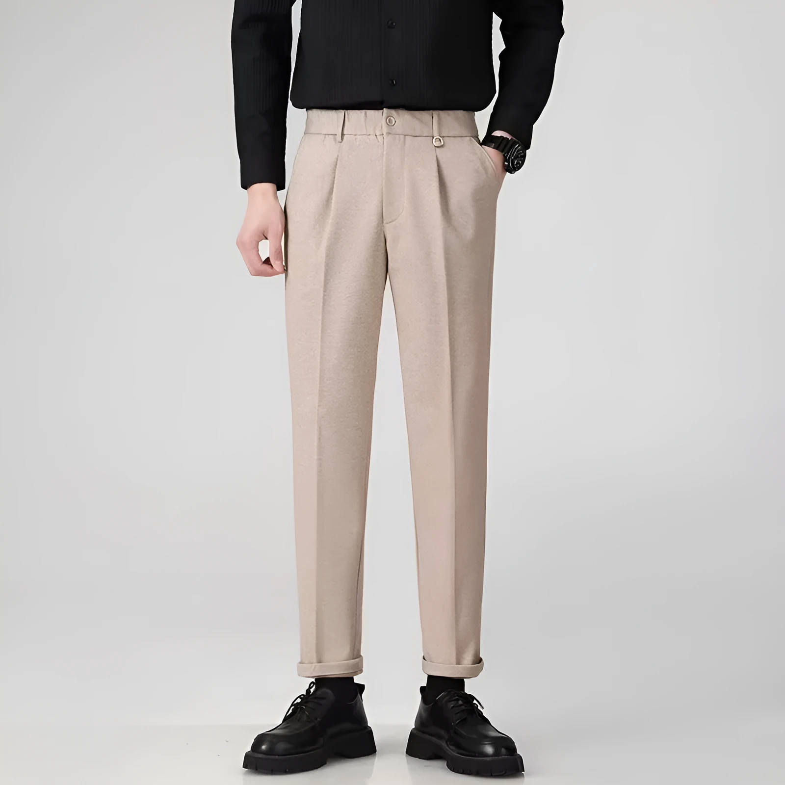 Men's straight-leg casual trousers in black with a draped design detail on the leg.