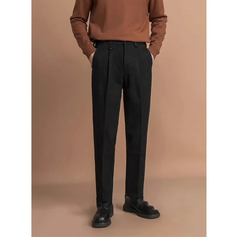 Men's straight-leg casual trousers in black with a draped design detail on the leg.