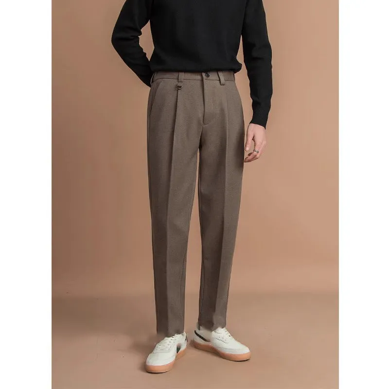 Men's straight-leg casual trousers in black with a draped design detail on the leg.