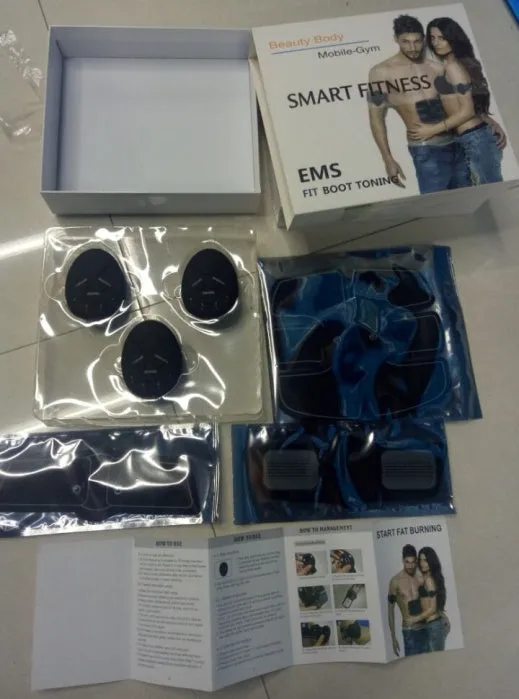 Black smart EMS abdominal muscle toning patch with push-button control and six modes for core strengthening