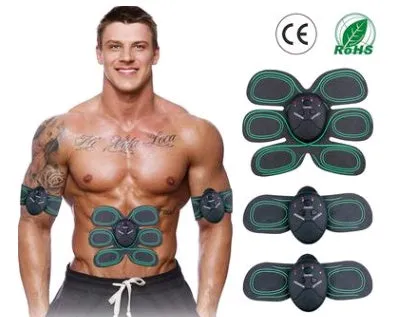 Black smart EMS abdominal muscle toning patch with push-button control and six modes for core strengthening