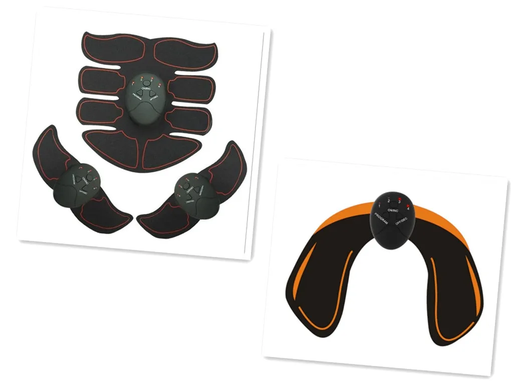 Black smart EMS abdominal muscle toning patch with push-button control and six modes for core strengthening