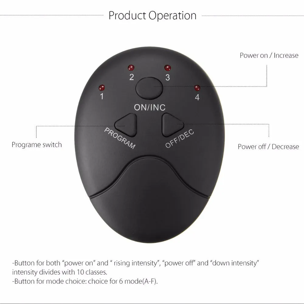 Black smart EMS abdominal muscle toning patch with push-button control and six modes for core strengthening