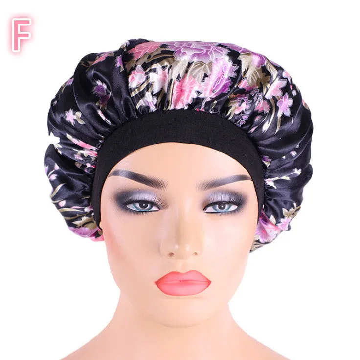 Beauty print satin silk bonnet sleep cap with elastic edge, available in multiple colours