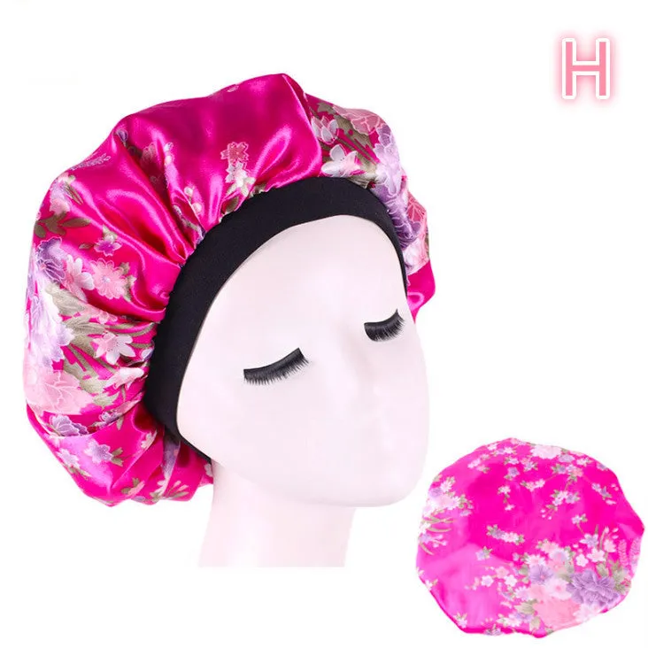 Beauty print satin silk bonnet sleep cap with elastic edge, available in multiple colours