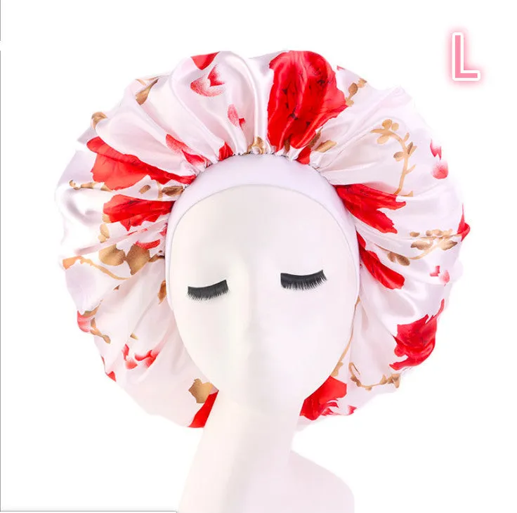 Beauty print satin silk bonnet sleep cap with elastic edge, available in multiple colours
