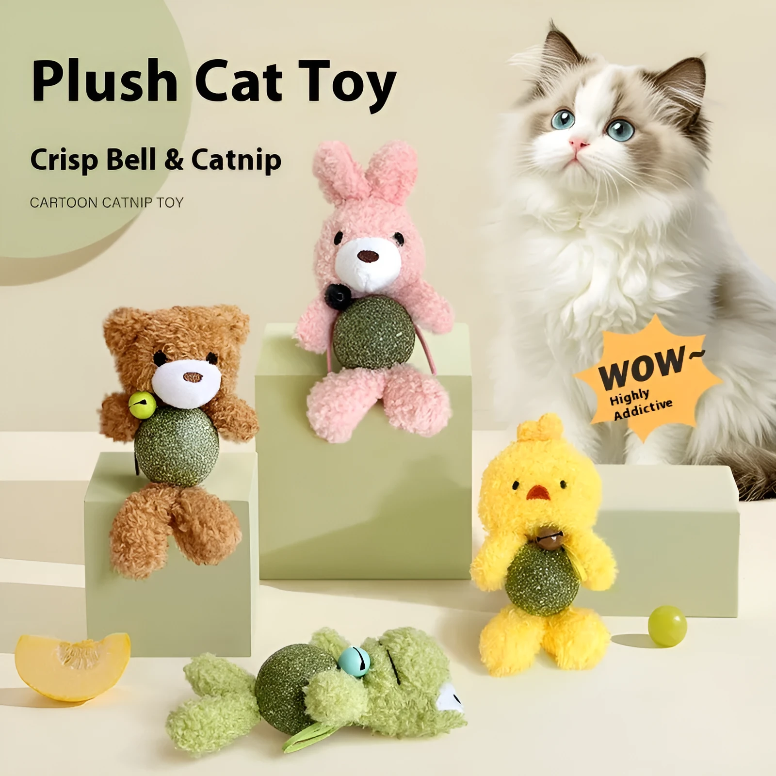 Plush catnip ball toy with bell in animal designs including brown bear and green frog