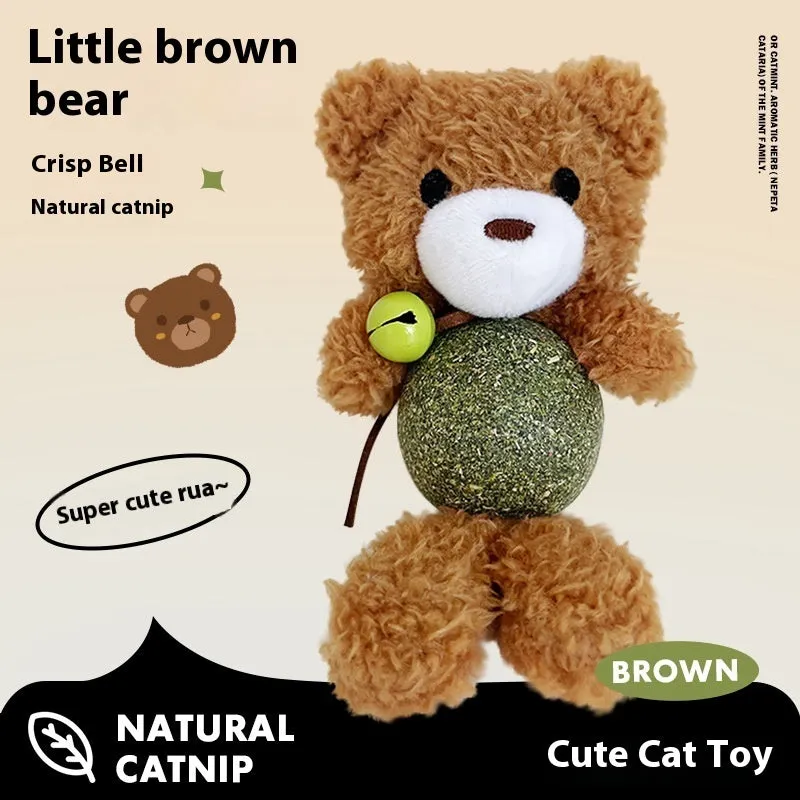 Plush catnip ball toy with bell in animal designs including brown bear and green frog