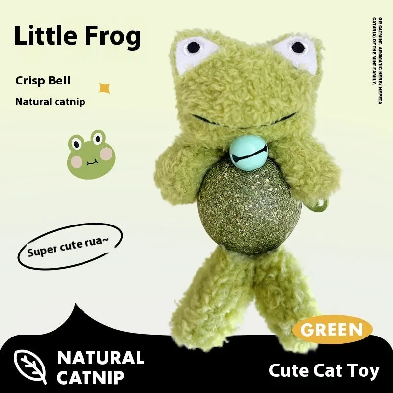 Plush catnip ball toy with bell in animal designs including brown bear and green frog
