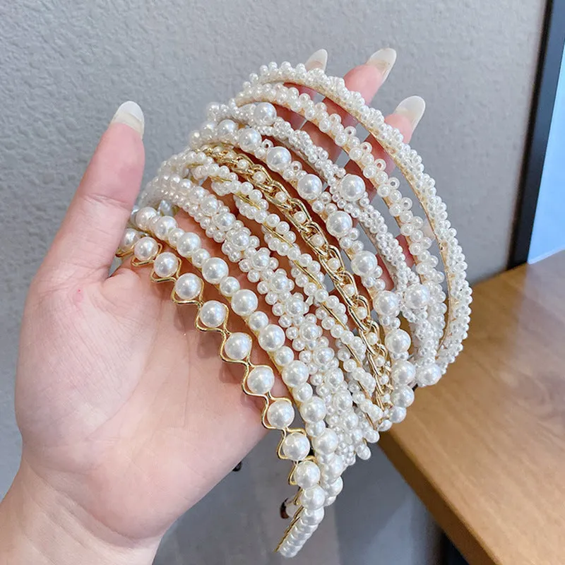 Thin pearl headband with imitation pearl and metal, 14cm length, three colour options on light background
