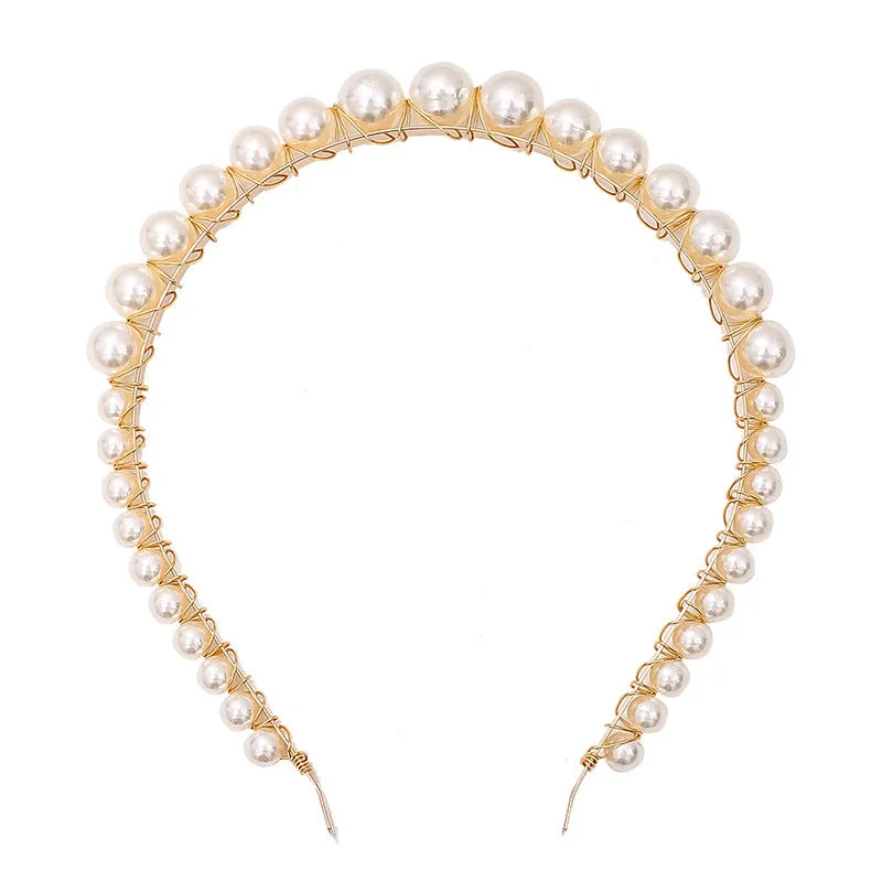 Thin pearl headband with imitation pearl and metal, 14cm length, three colour options on light background
