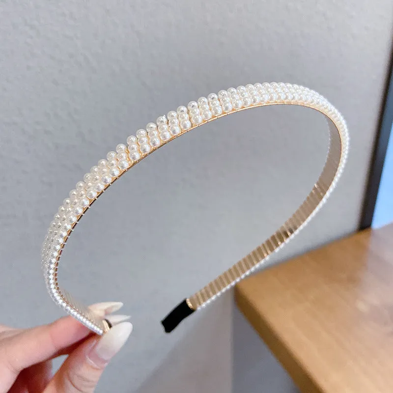 Thin pearl headband with imitation pearl and metal, 14cm length, three colour options on light background