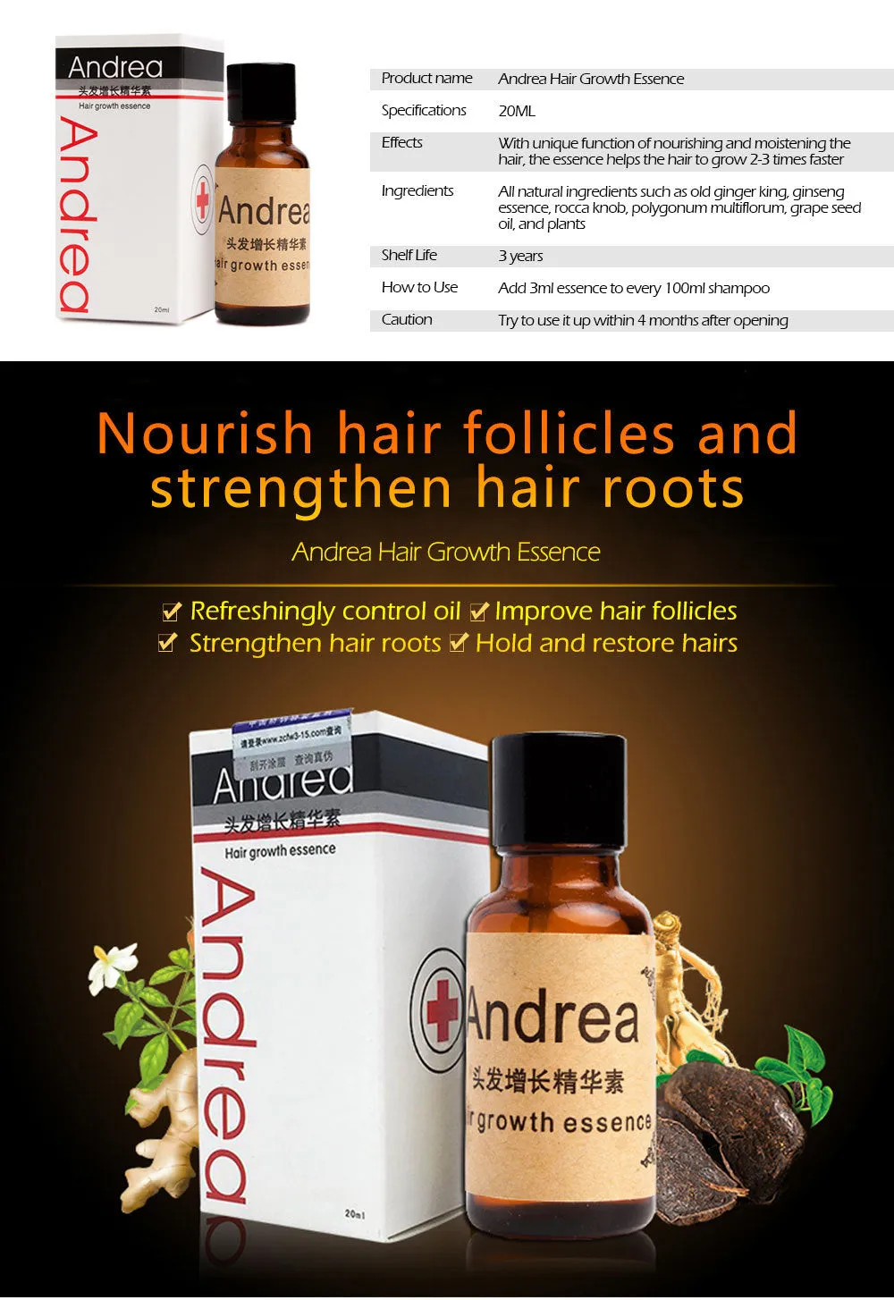 20ml bottle of hair growth liquid with ginger and ginseng natural ingredients for dense hair