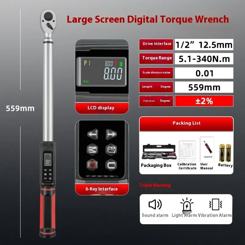 Electronic digital display torque wrench with LCD screen and chrome-vanadium steel construction