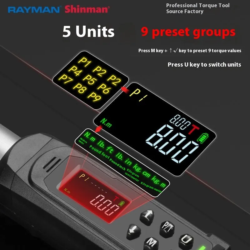 Electronic digital display torque wrench with LCD screen and chrome-vanadium steel construction