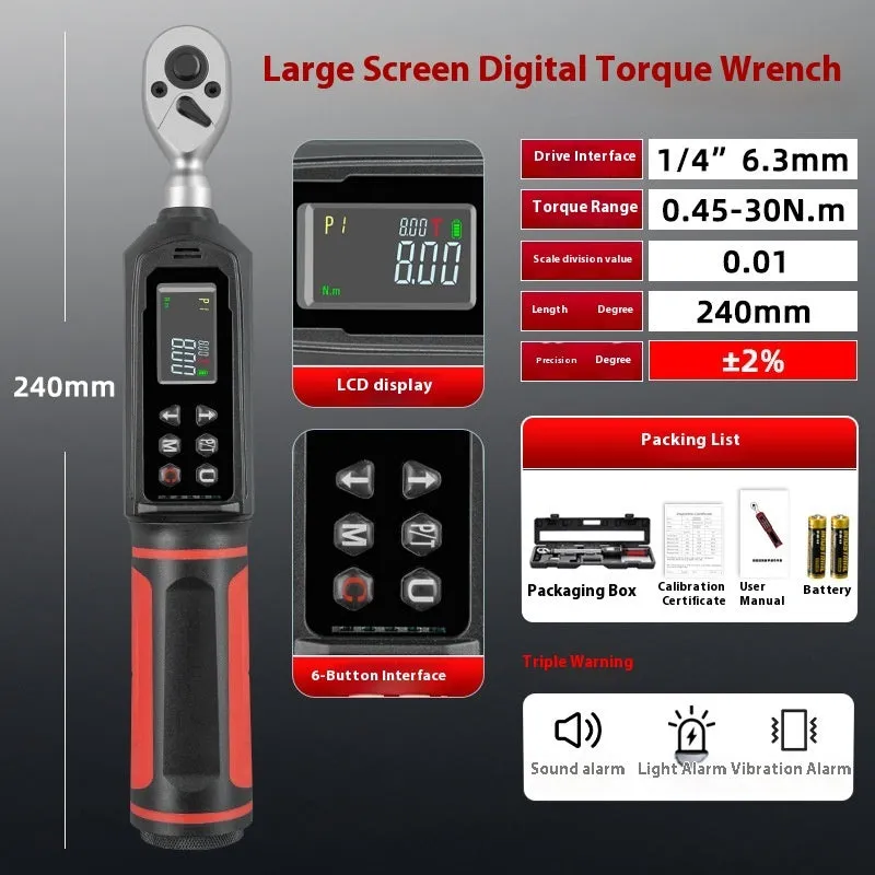 Electronic digital display torque wrench with LCD screen and chrome-vanadium steel construction